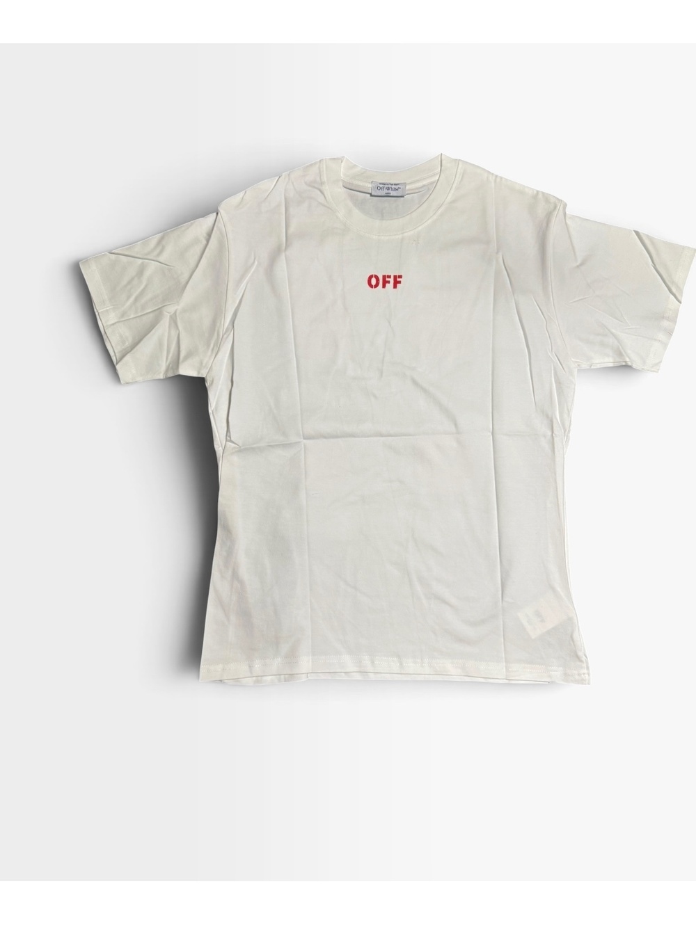 White Off-White T-shirt with red chest logo and arrow